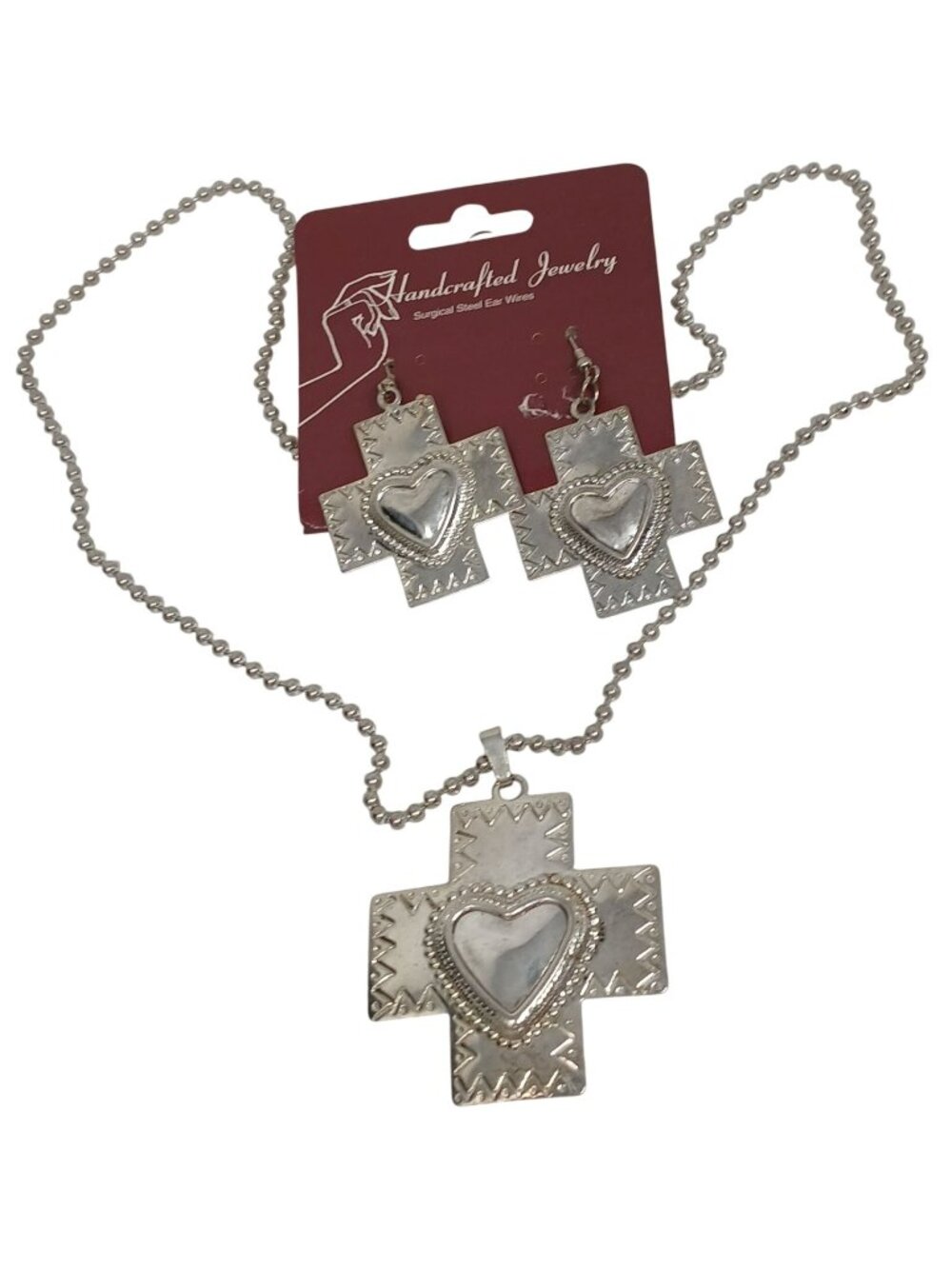 Heart Centered Cross Pendant Necklace Earrings Set Ball Chain Handcrafted #J-6